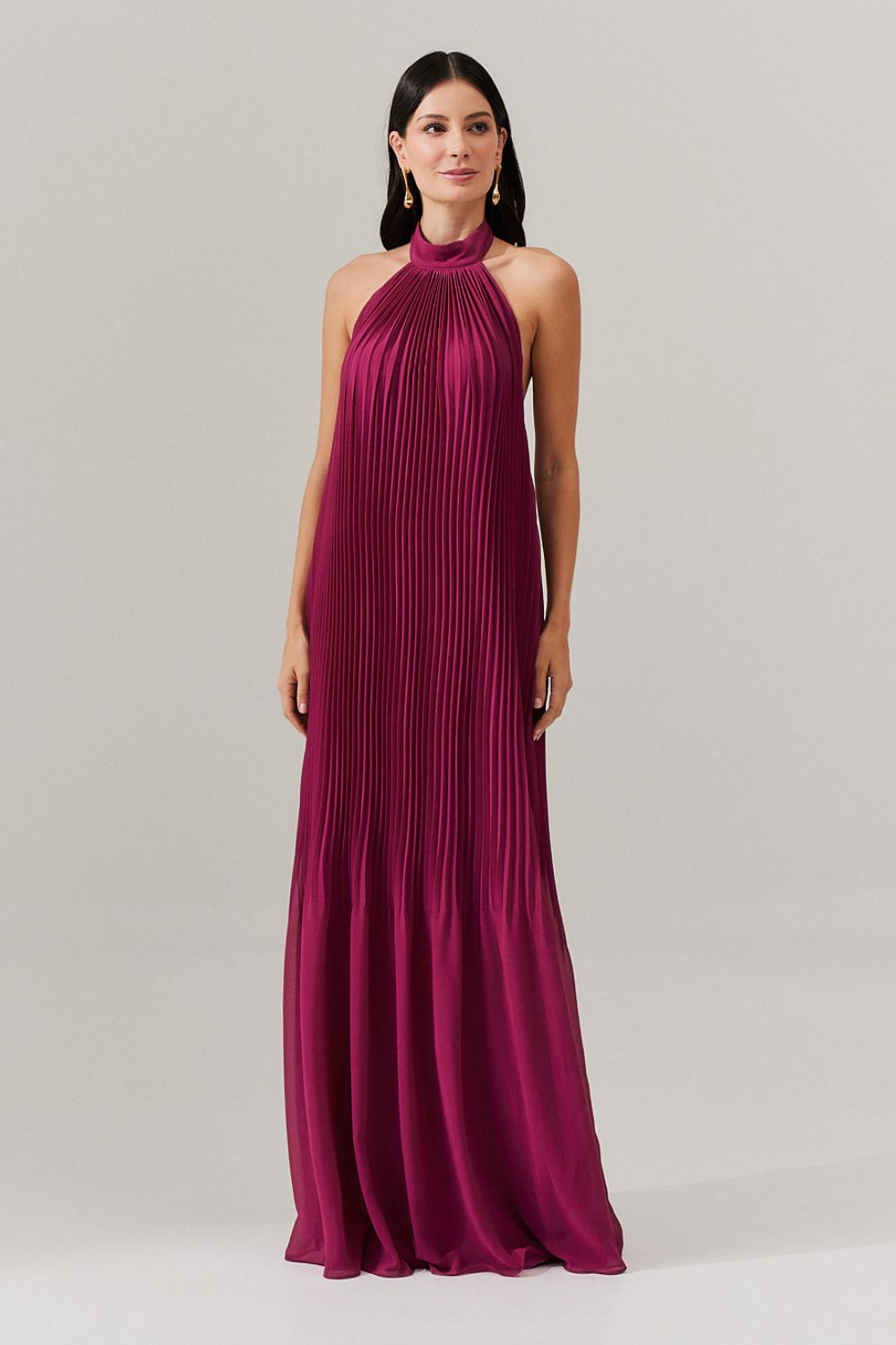 Vestido Longo Plissado Frente Única e Decote nas Costas  - Italia Fúcsia