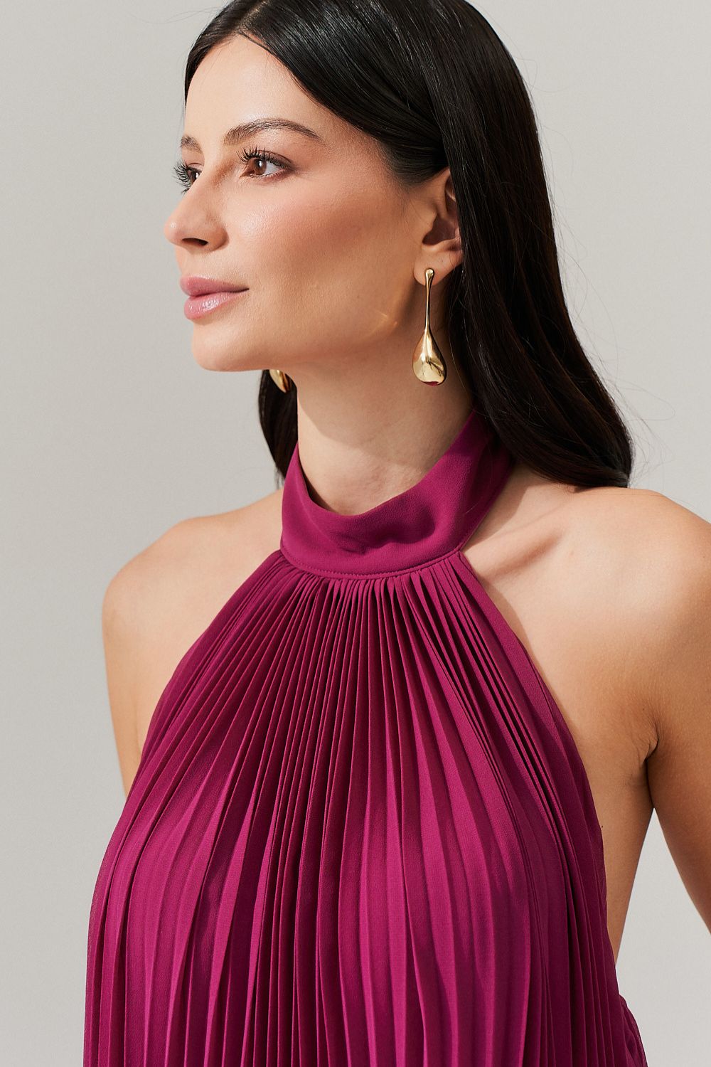 Vestido Longo Plissado Frente Única e Decote nas Costas  - Italia Fúcsia