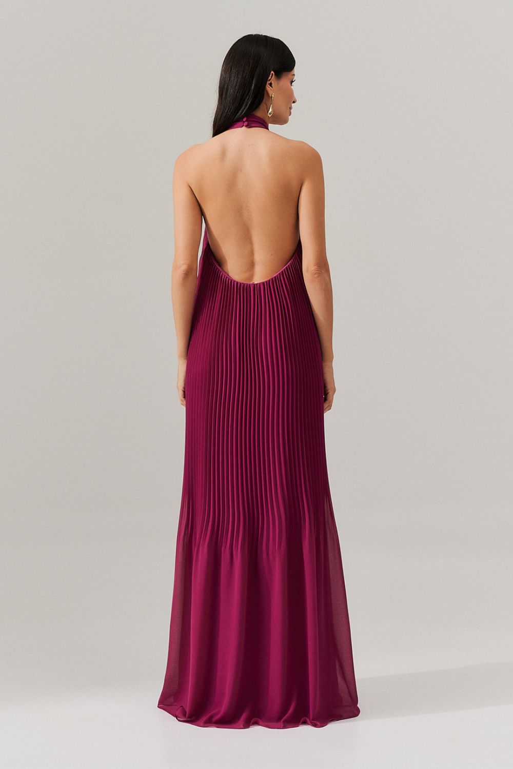 Vestido Longo Plissado Frente Única e Decote nas Costas  - Italia Fúcsia