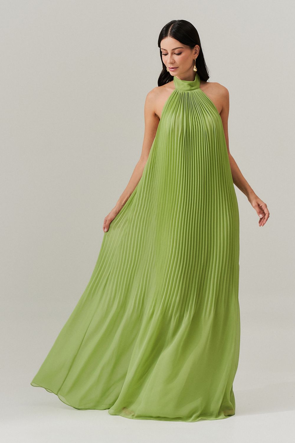 Vestido Longo Plissado Frente Única e Decote nas Costas  - Italia Matcha