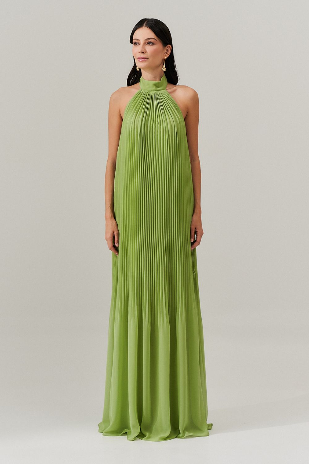 Vestido Longo Plissado Frente Única e Decote nas Costas  - Italia Matcha