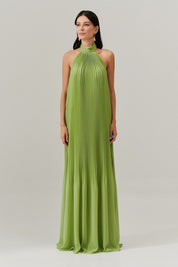 Vestido Longo Plissado Frente Única e Decote nas Costas  - Italia Matcha