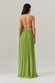 Vestido Longo Plissado Frente Única e Decote nas Costas  - Italia Matcha