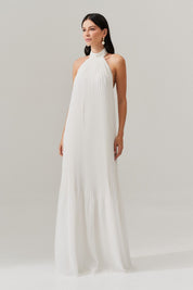 Vestido Longo Plissado Frente Única e Decote nas Costas  - Italia Off White