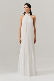 Vestido Longo Plissado Frente Única e Decote nas Costas  - Italia Off White