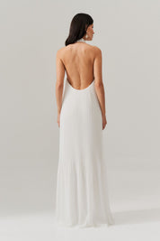 Vestido Longo Plissado Frente Única e Decote nas Costas  - Italia Off White