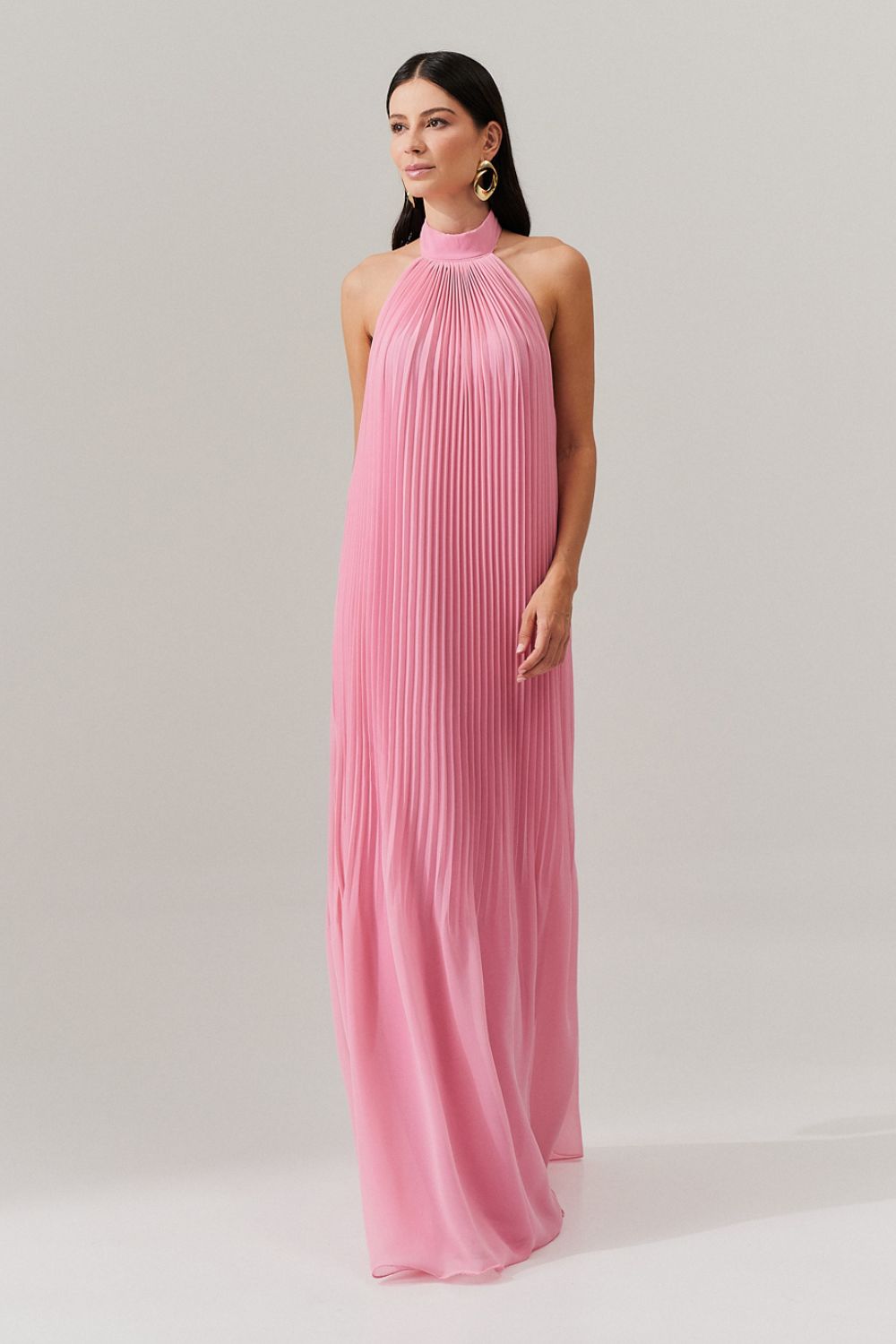 Vestido Longo Plissado Frente Única e Decote nas Costas  - Italia Rosa