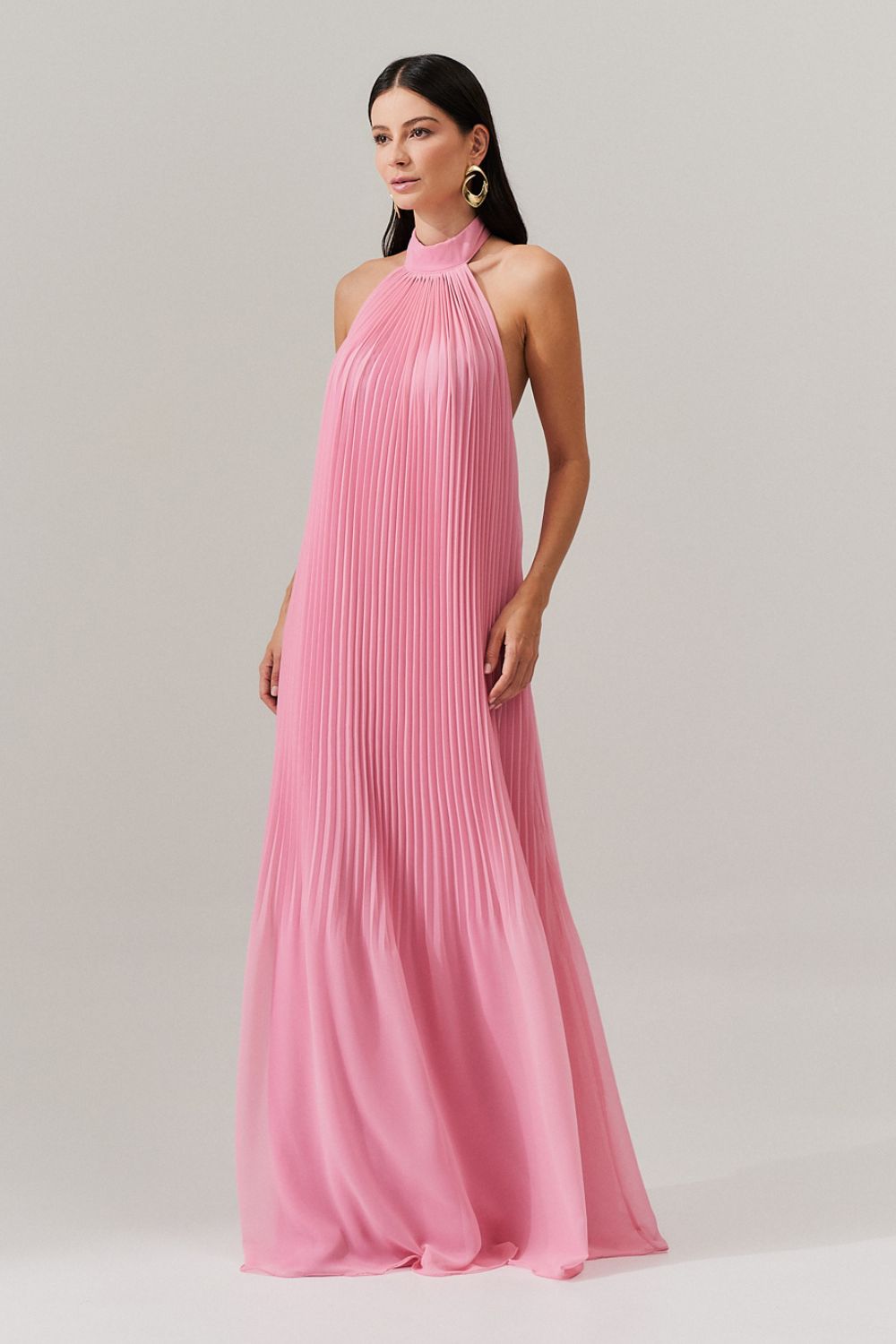 Vestido Longo Plissado Frente Única e Decote nas Costas  - Italia Rosa