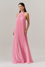 Vestido Longo Plissado Frente Única e Decote nas Costas  - Italia Rosa