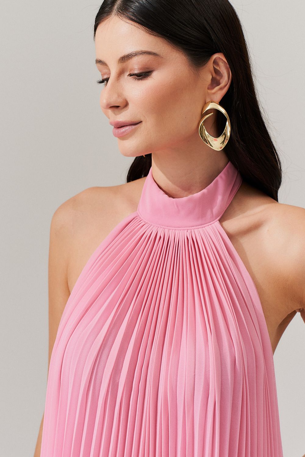 Vestido Longo Plissado Frente Única e Decote nas Costas  - Italia Rosa