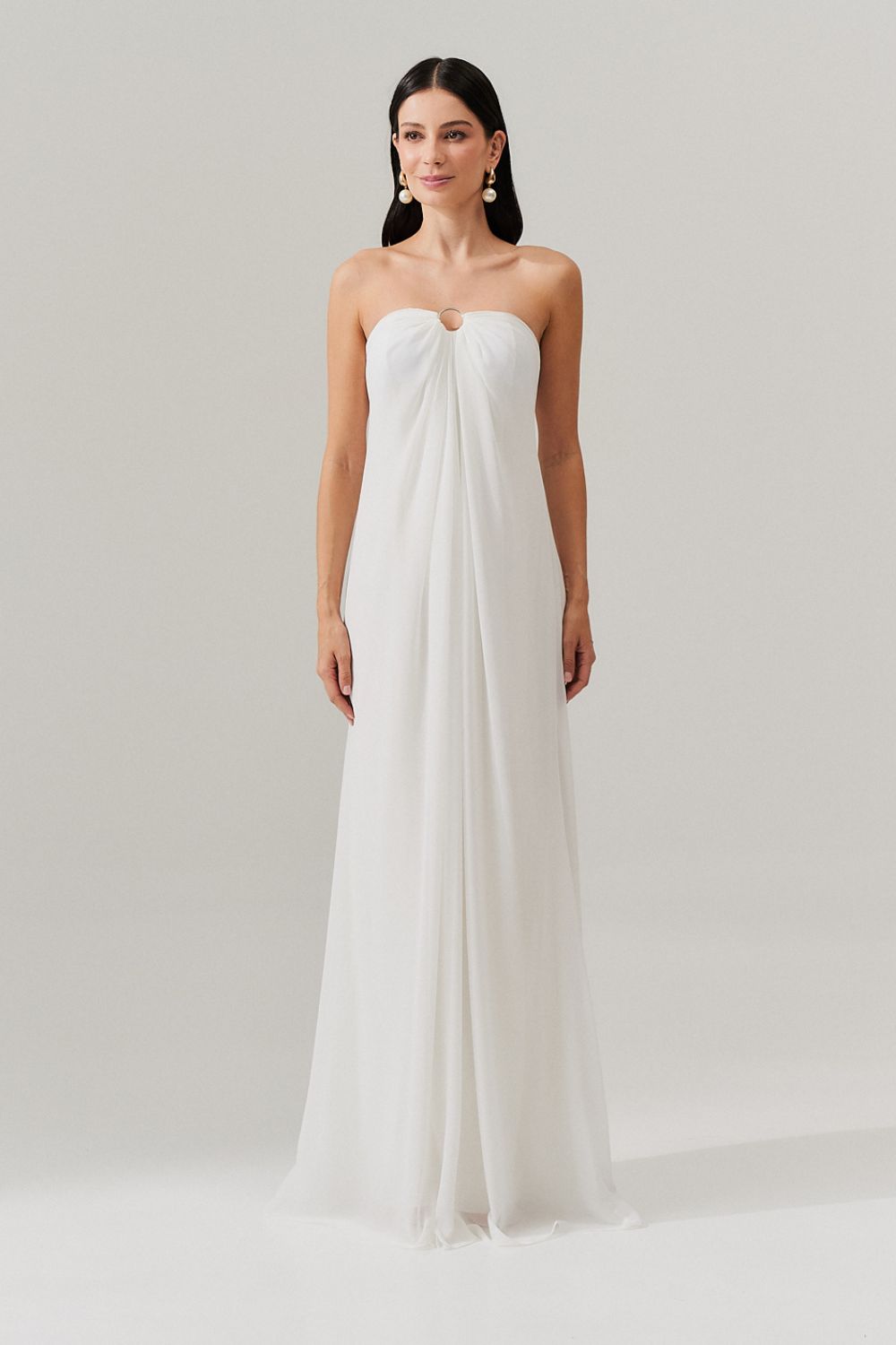 Vestido Longo sem Alça com Argola e Franzidos no Decote - Munique Off White