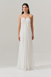 Vestido Longo sem Alça com Argola e Franzidos no Decote - Munique Off White