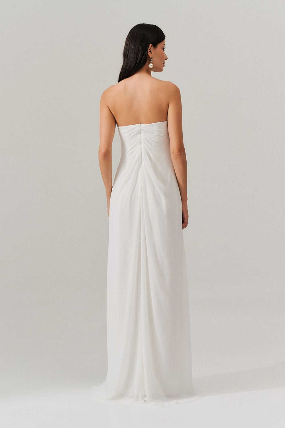 Vestido Longo sem Alça com Argola e Franzidos no Decote - Munique Off White