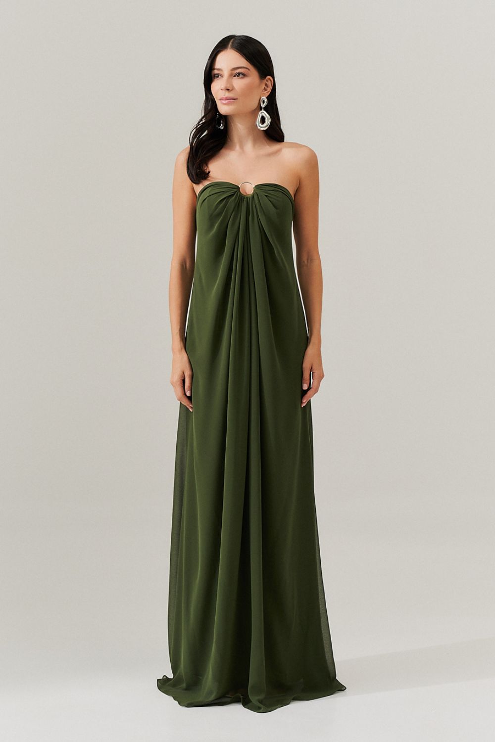 Vestido Longo sem Alça com Argola e Franzidos no Decote - Munique Oliva