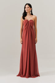 Vestido Longo sem Alça com Argola e Franzidos no Decote - Munique Terracota