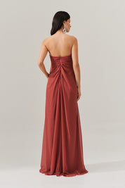 Vestido Longo sem Alça com Argola e Franzidos no Decote - Munique Terracota