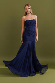 Vestido Longo, Sem Alça, Detalhes em Trança e Saia Franzida - Veneto Marinho