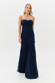Vestido Longo, Sem Alça, Detalhes em Trança e Saia Franzida - Veneto Marinho