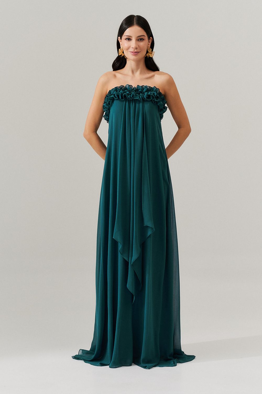 Vestido Longo sem Alça em Chiffon com Babados no Decote e Calda Frontal - Armênia Petroleo