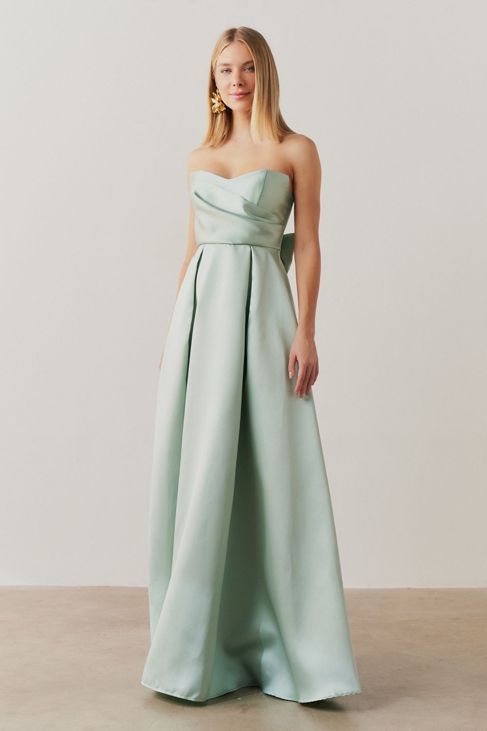 Vestido Longo Sem Alça, Pregas na Saia e Busto - Santorini Menta