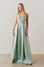 Vestido Longo Sem Alça, Pregas na Saia e Busto - Santorini Menta