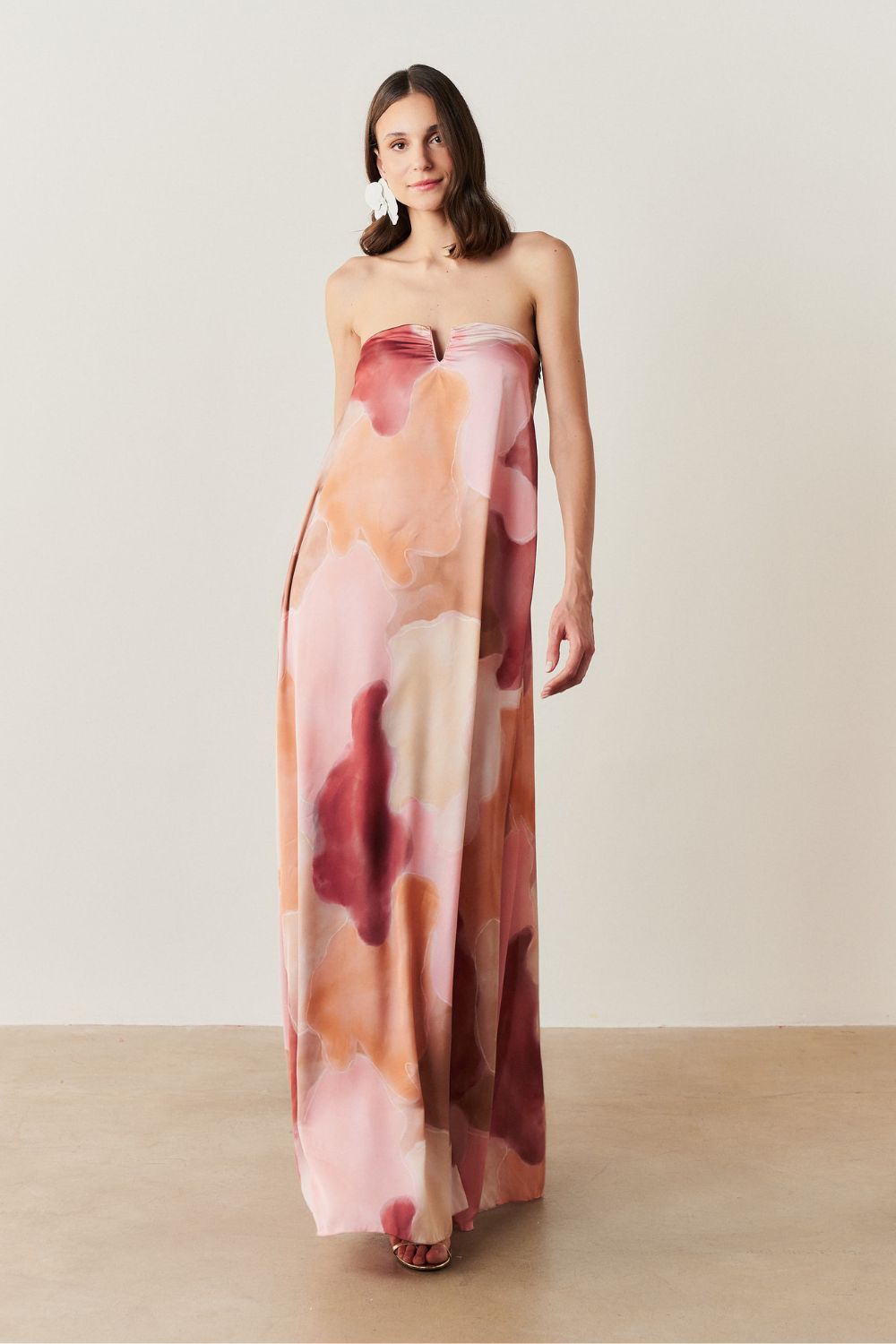 Vestido Longo sem Alças com Decote em V - São Paulo Rosa Estampado