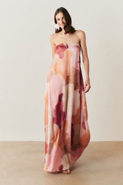 Vestido Longo sem Alças com Decote em V - São Paulo Rosa Estampado