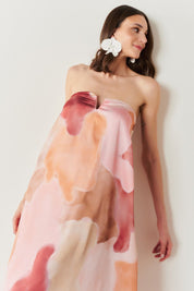 Vestido Longo sem Alças com Decote em V - São Paulo Rosa Estampado