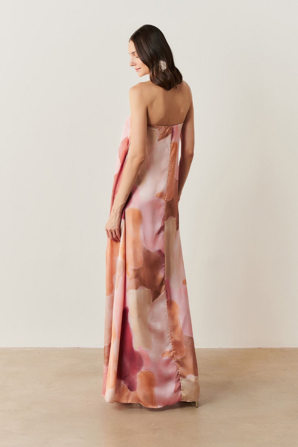 Vestido Longo sem Alças com Decote em V - São Paulo Rosa Estampado