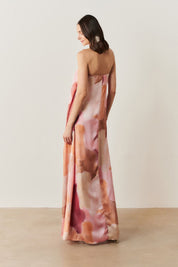 Vestido Longo sem Alças com Decote em V - São Paulo Rosa Estampado
