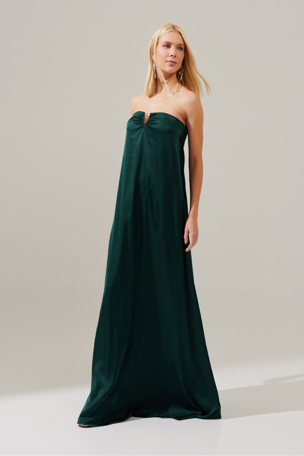 Vestido Longo sem Alças com Decote em V - São Paulo Verde Bandeira Escuro