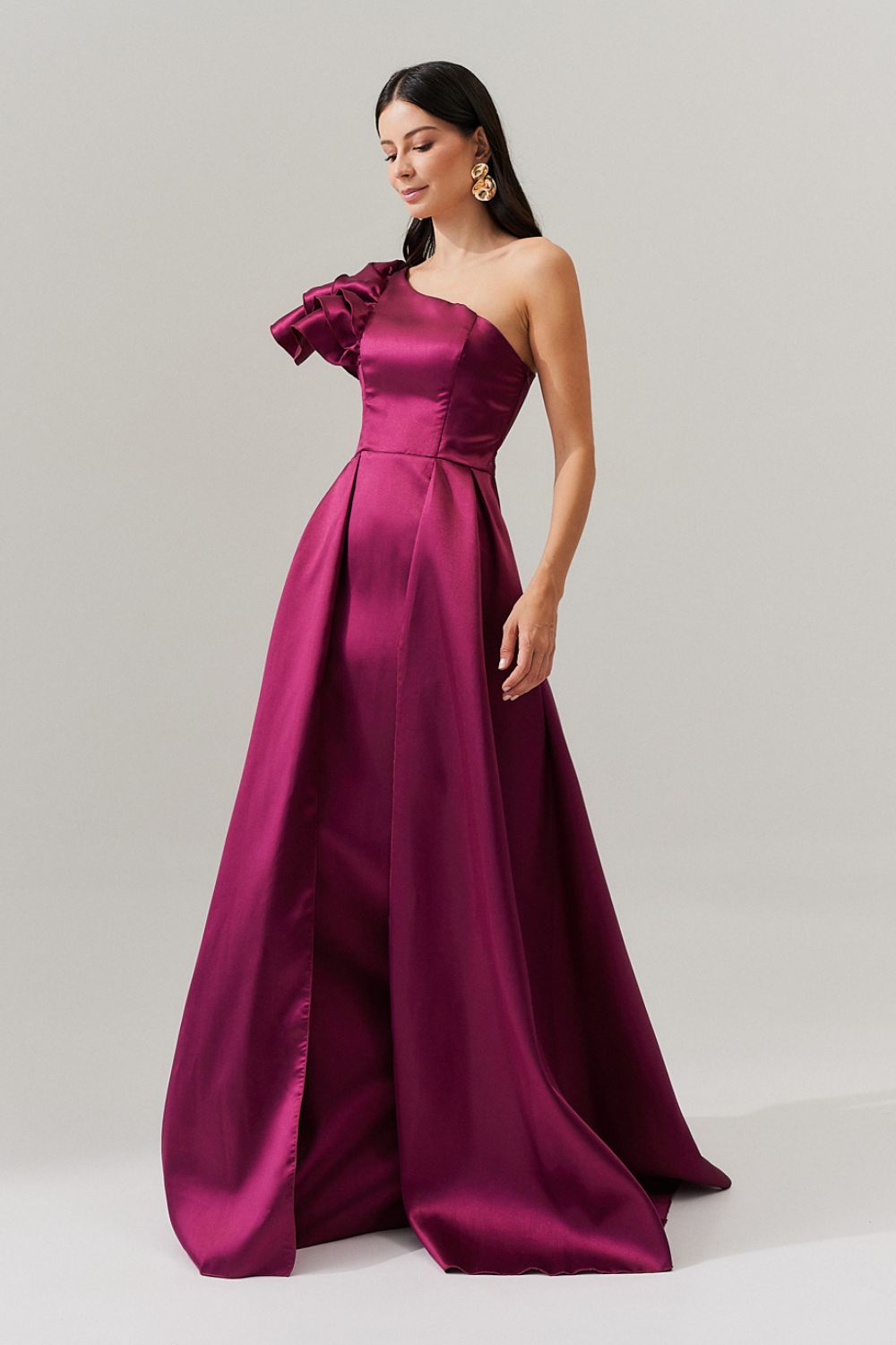 Vestido Longo Um Ombro Só com Babados e Saia Dupla - Everest Fúcsia