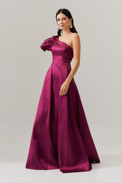 Vestido Longo Um Ombro Só com Babados e Saia Dupla - Everest Fúcsia