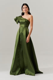 Vestido Longo Um Ombro Só com Babados e Saia Dupla - Everest Oliva