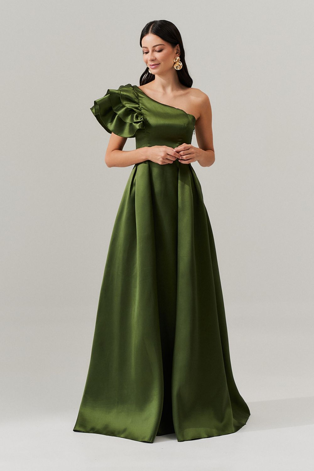 Vestido Longo Um Ombro Só com Babados e Saia Dupla - Everest Oliva