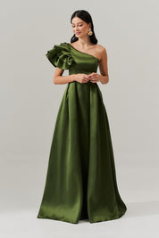 Vestido Longo Um Ombro Só com Babados e Saia Dupla - Everest Oliva