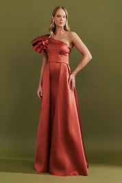Vestido Longo Um Ombro Só com Babados e Saia Dupla - Everest Terracota