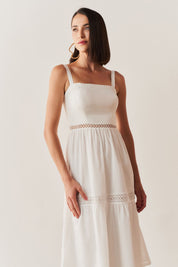 Vestido Midi Acinturado com Decote reto e Recortes de Renda Guipir - Ancara Off White