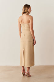 Vestido Midi Casual com Decote Reto e Saia Lápis com Detalhes em Viés - Ohio Bege