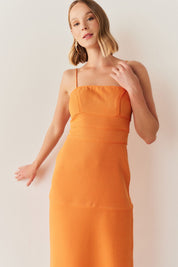 Vestido Midi Casual com Decote Reto e Saia Lápis com Detalhes em Viés - Ohio Laranja