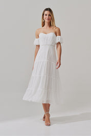 Vestido Midi com Decote Coração e Manga Bufante - Dinamarca Off White