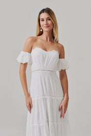 Vestido Midi com Decote Coração e Manga Bufante - Dinamarca Off White