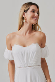 Vestido Midi com Decote Coração e Manga Bufante - Dinamarca Off White