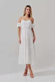 Vestido Midi com Decote Coração e Manga Bufante - Dinamarca Off White
