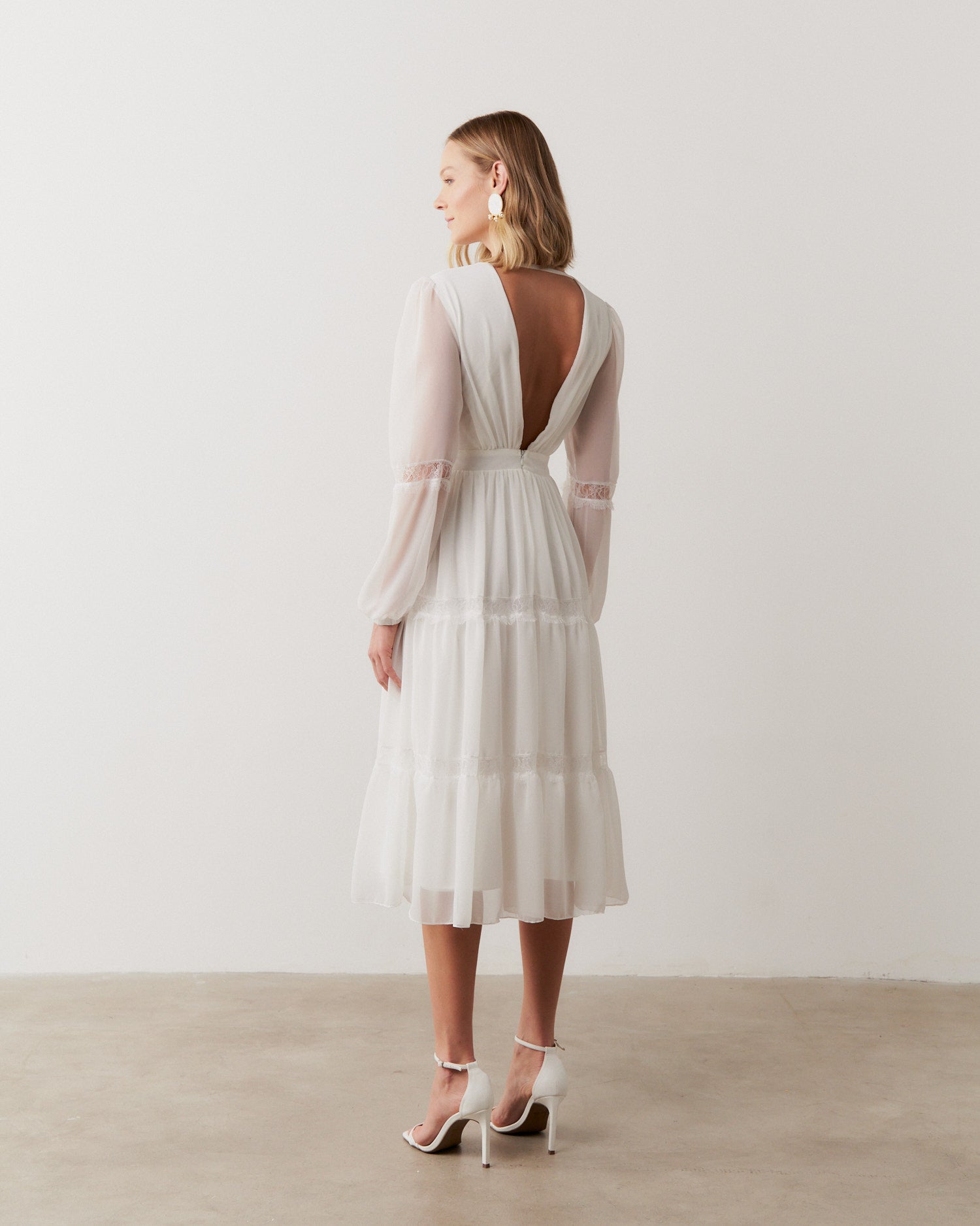 Vestido Midi com Decote V e Manga Longa - Manu Off White