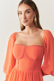 Vestido Midi com Detalhe em Renda Guipir  - Aiko Coral