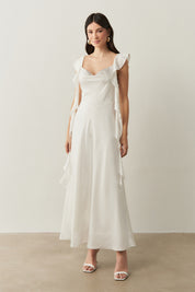 Vestido Long Midi de Cetim com Decote Degage e Babados Longos nas Mangas - Akita Off White