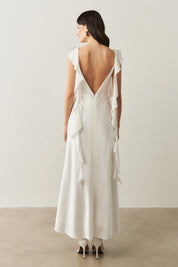 Vestido Long Midi de Cetim com Decote Degage e Babados Longos nas Mangas - Akita Off White