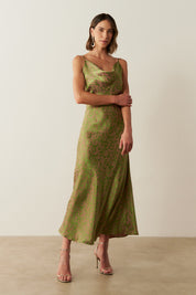 Vestido Long Midi Estampado com Decote Degagê e Alças Finas - Turquia Verde