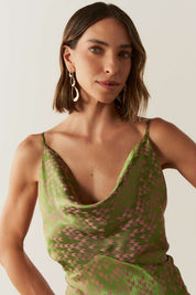 Vestido Long Midi Estampado com Decote Degagê e Alças Finas - Turquia Verde